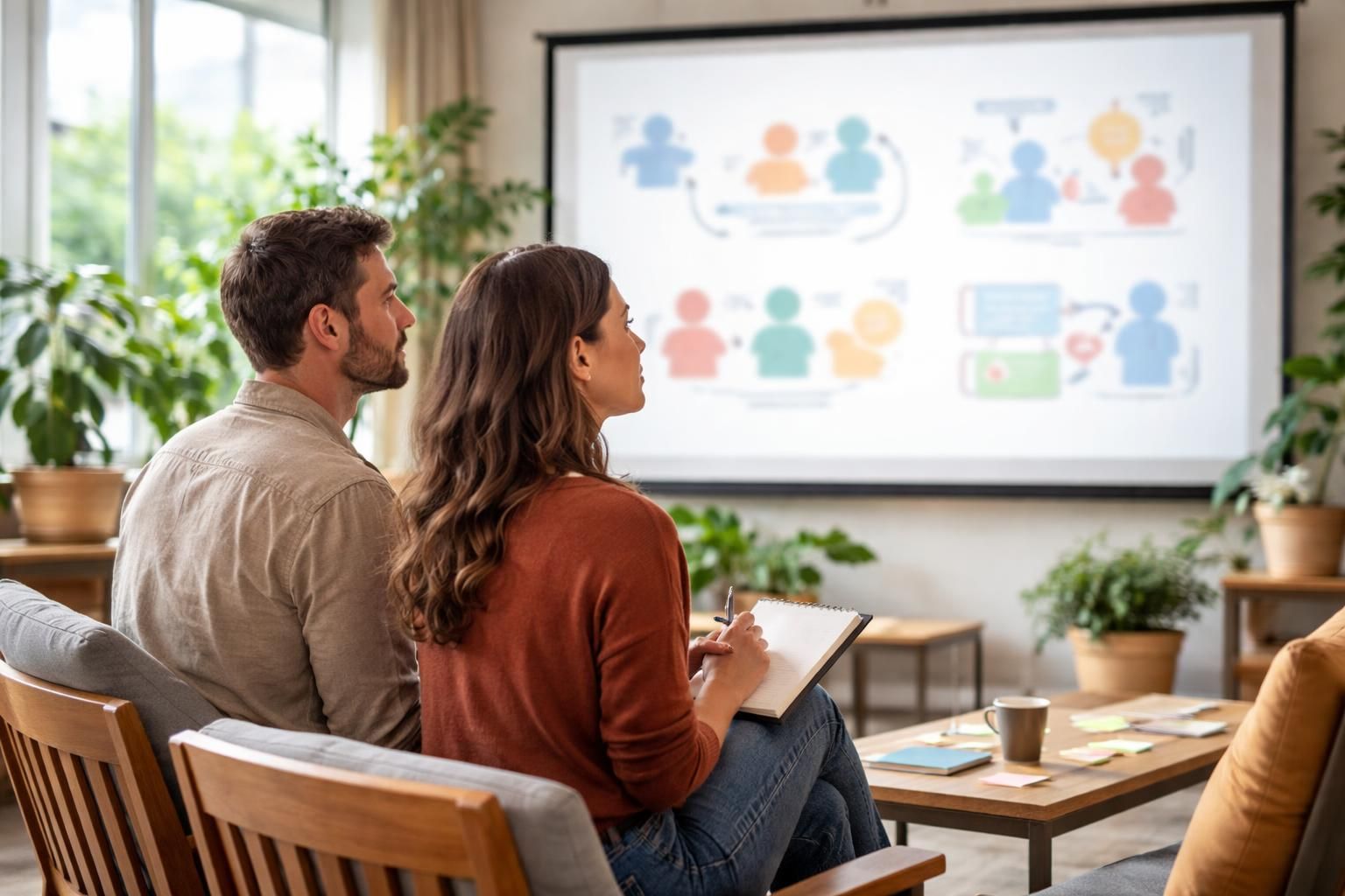 atelier communication pour couples avec exercices interactifs projetés à l'écran, pour améliorer l'écoute et renforcer la relation à deux.